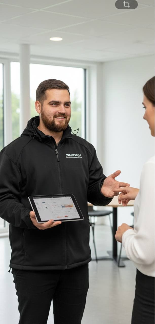 Markus Knaub bei der persönlichen Kundenberatung mit Tablet — Ihr Ansprechpartner für Schimmelpilzbegutachtung in Paderborn